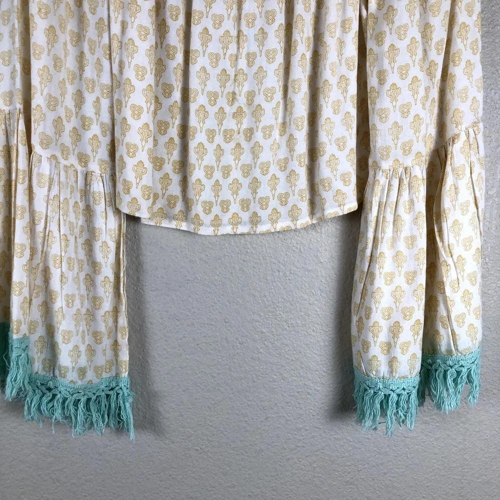 Anthropologie Raga Shirt Womens X Small Yellow Geo Cropped Fringe Bohemian‎ Boho